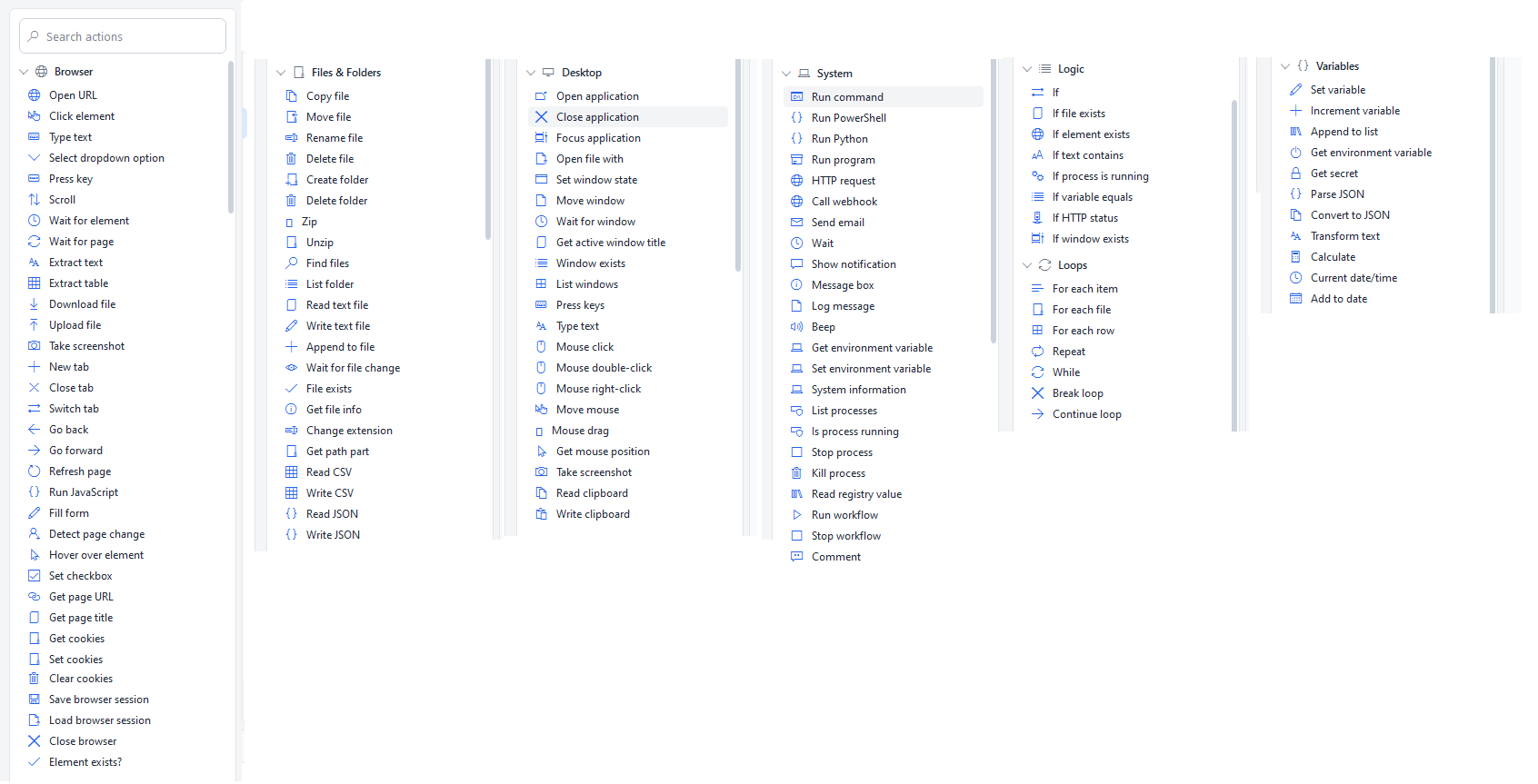 The list of ready-made actions, grouped into Browser, Files & Folders, Desktop, System, Logic, Loops and Variables.