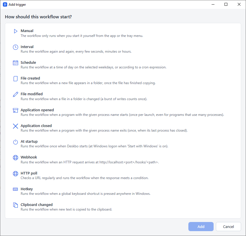 The 'How should this workflow start?' dialog with choices such as Manual, Schedule, File created, At startup and Hotkey.