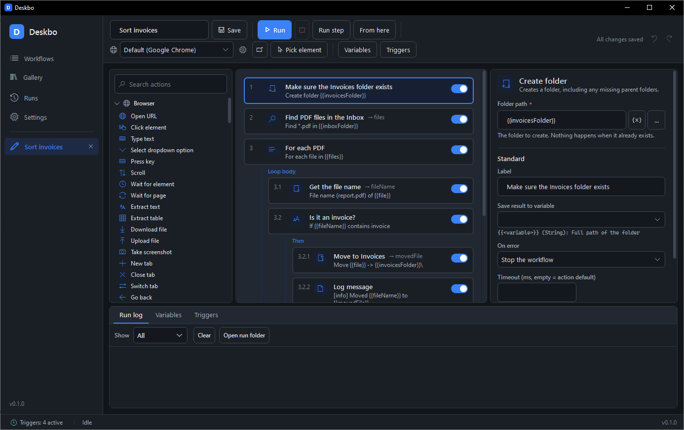 The Deskbo designer in the dark theme, showing the same Sort invoices workflow with dark panels and a dark title bar.