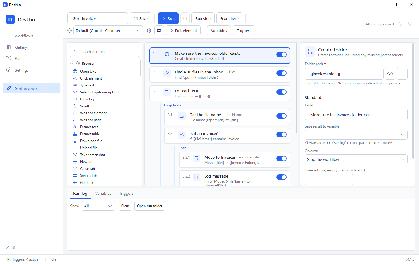 The Deskbo designer: a toolbox of actions on the left, the workflow "Sort invoices" with nested For each and If steps in the middle, and the property panel of the selected step on the right.