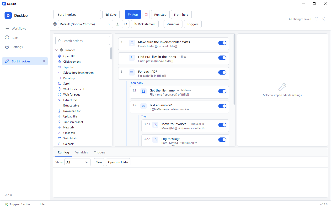 A workflow built from steps: find the PDFs, then for each one check whether it is an invoice and move it to the Invoices folder.