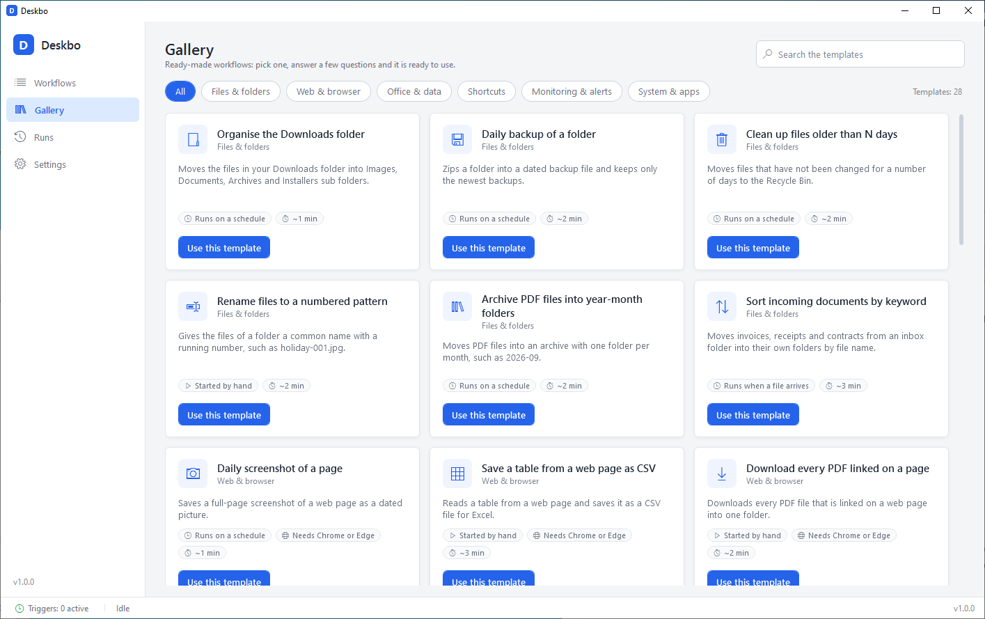 The Gallery page in Deskbo: cards such as Organise the Downloads folder, Daily backup of a folder, Clean up files older than N days, Rename files to a numbered pattern, Archive PDF files into year-month folders and Save a table from a web page as CSV, each with a Use this template button.